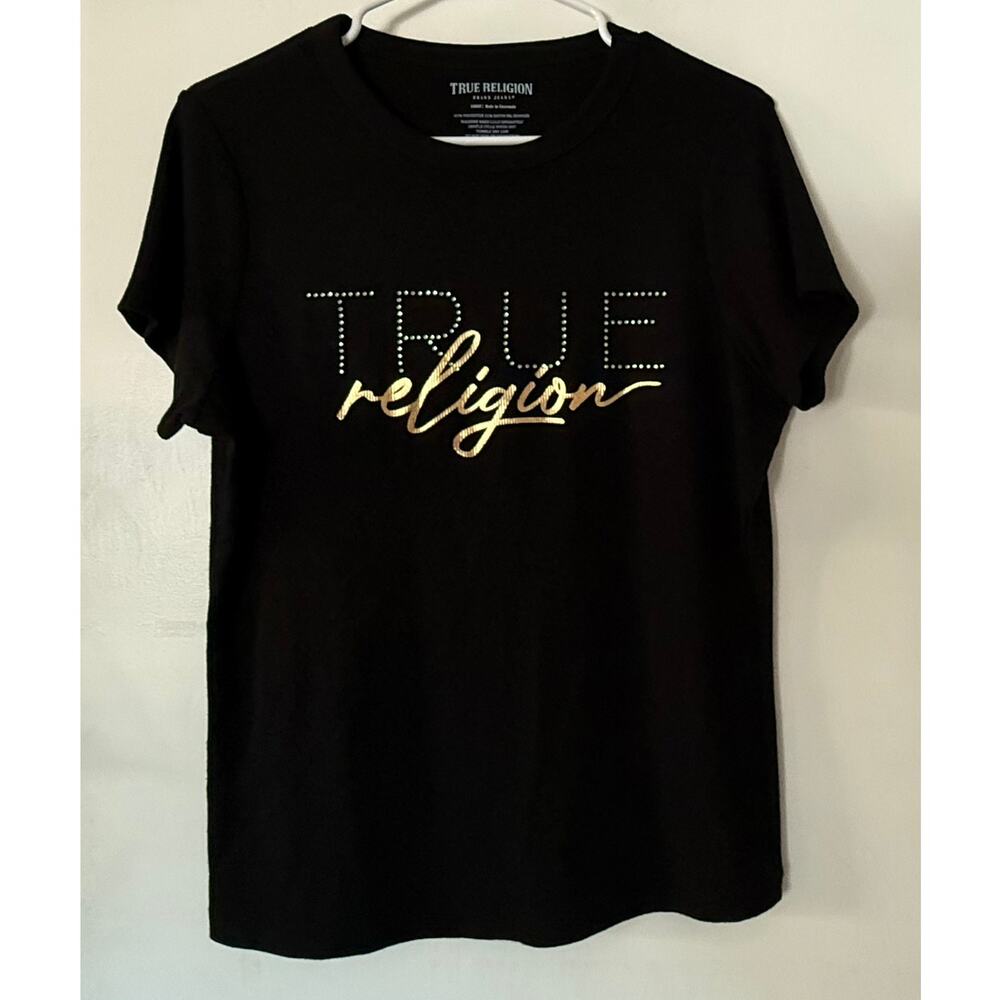 True Religion Black Rhinestone & Gold Graphic Tee - Size L